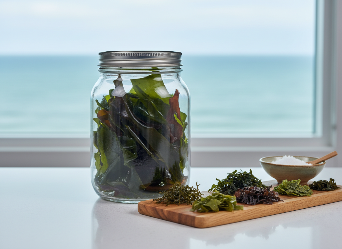 A serene coastal kitchen still life featuring a large, clear glass jar filled with folded dried seaweed sheets in deep emerald and almost-black tones, their edges slightly curled. The jar is placed on a polished white quartz countertop beside a narrow, rectangular tray holding small mounds of different seaweed varieties, each with distinct textures and hues. Through a nearby window, out of focus, a hint of blue-green ocean and sky is visible, bathed in soft overcast daylight. The lighting is cool and diffused, creating a calm, eco-conscious mood. Photographic realism with a slightly elevated angle and balanced composition, emphasizing transparency, purity, and the connection between sea and sustainable nutrition.