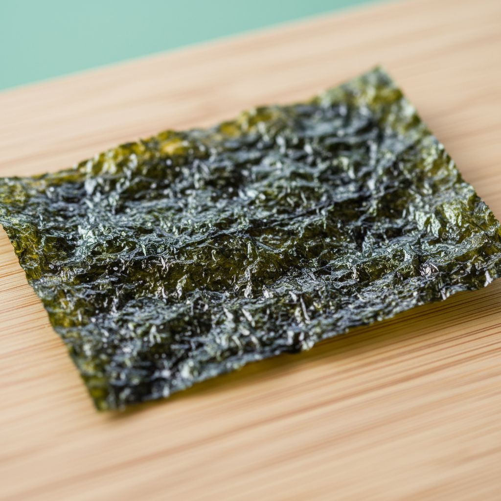 A detailed macro photograph of a single dried seaweed sheet held flat on a pale bamboo board, revealing its delicate, lace-like structure, subtle salt crystals, and varied shades of dark green, teal, and nearly black. Soft side lighting from the right skims across the surface, accentuating its crinkled texture and creating a gentle gradient of light to shadow. The background falls into a smooth, seafoam-colored blur, with no distracting elements. The mood is scientific yet appetizing, highlighting the natural beauty and complexity of seaweed as a superfood. Tight framing, shallow depth of field, and crisp focus on the central portion of the sheet convey a professional, modern aesthetic aligned with premium, planet-friendly cuisine.