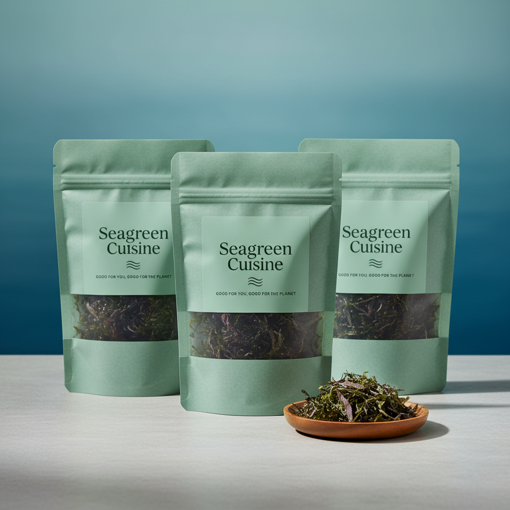 A close-up, photographic image of a minimalist product lineup of Seagreen Cuisine dried seaweed packaging, in matte recyclable pouches with subtle seafoam-green branding and a small wave logo. The pouches stand upright on a smooth, light-gray stone countertop, with a small wooden dish of loose dried seaweed in front, showing delicate fronds and flakes. Soft studio lighting from above and slightly to the right creates clean, controlled highlights on the packaging and gentle shadows behind. The background is an out-of-focus gradient in cool ocean tones, suggesting sustainability and purity. Centered composition with sharp focus throughout, professional and modern, conveying a premium, eco-conscious brand that is good for you and good for the planet.