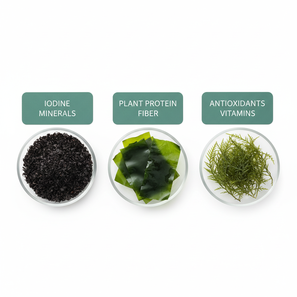 A clean, modern infographic-style scene photographed on a white background, showing three small, identical glass dishes arranged in a horizontal row, each containing a different dried seaweed variety: fine dark flakes, wide glossy sheets, and delicate fronds. Subtle labels printed on minimalist, sea-green cards sit neatly behind each dish, listing benefits like "iodine", "minerals", and "plant protein" in small, refined typography. Soft, even studio lighting minimizes shadows and keeps everything crisp and legible. The mood is educational, professional, and reassuring, ideal for illustrating health and sustainability benefits. Straight-on, slightly elevated camera angle with sharp focus throughout and a clean, uncluttered photographic realism style that emphasizes clarity and trustworthiness.