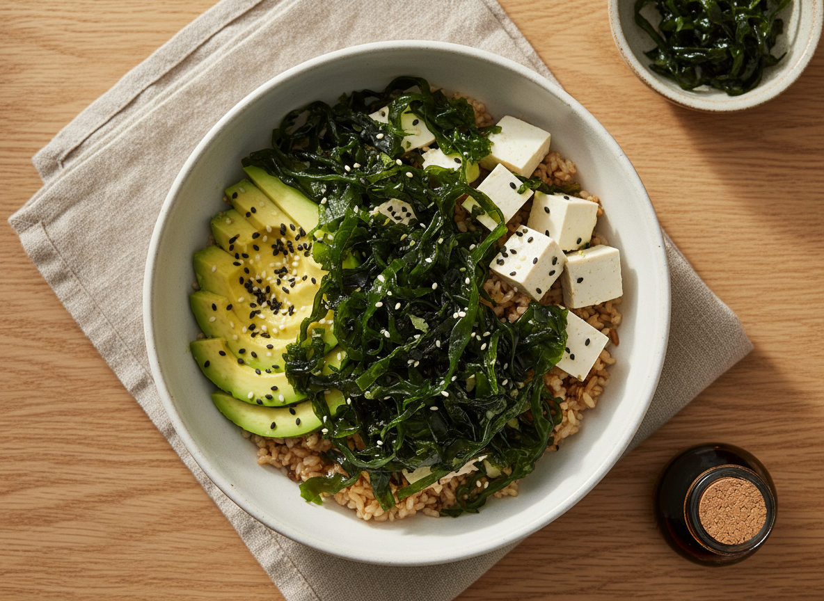 An overhead, photographic view of a vibrant nutrient-rich meal bowl featuring dried seaweed as the star ingredient. Dark green seaweed ribbons and crisp sheets are artfully layered with sliced avocado, cubes of tofu, sesame seeds, and brown rice in a matte white ceramic bowl. The bowl sits on a textured linen napkin in soft sand color, placed on a light oak tabletop. Natural morning light from the top left creates gentle shadows and subtle highlights on each ingredient, emphasizing freshness and texture. The background includes softly blurred elements like a small dish of extra seaweed and a tiny glass jar of tamari. The mood is wholesome, modern, and aspirational, with clean composition and a top-down perspective that showcases every detail clearly.