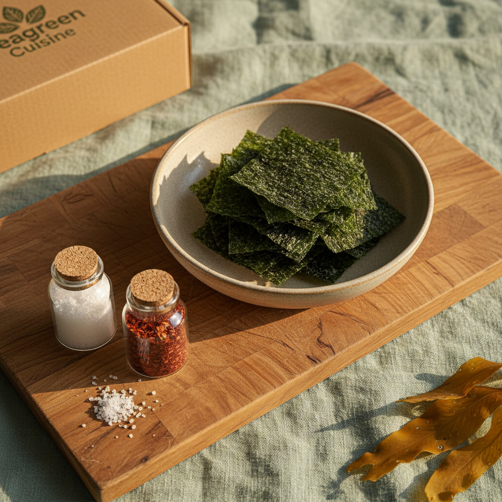 A polished, photographic flat lay of an eco-conscious snack scene featuring neatly stacked dried seaweed crisps in a shallow matte stoneware bowl, accompanied by small glass containers of sea salt and chili flakes. The arrangement sits on a reclaimed wood board with subtle grain patterns, placed atop a seafoam-green linen cloth. Natural late-afternoon light from the right adds warmth and casts soft, elongated shadows, creating a cozy yet refined atmosphere. In the corners of the frame, faintly blurred, lie a closed recycled cardboard Seagreen Cuisine box and a sprig of dried kelp. The composition uses the rule of thirds and a balanced distribution of shapes, conveying a professional, sustainable, and health-forward snacking experience.